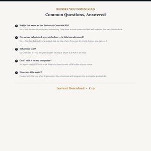 May include: A digital document titled BEFORE YOU DOWNLOAD Common Questions, Answered. It lists five questions about a printable kit, including details on its US Letter 8.5 x 11 inch size, editing capabilities, and its creation process using AI.
