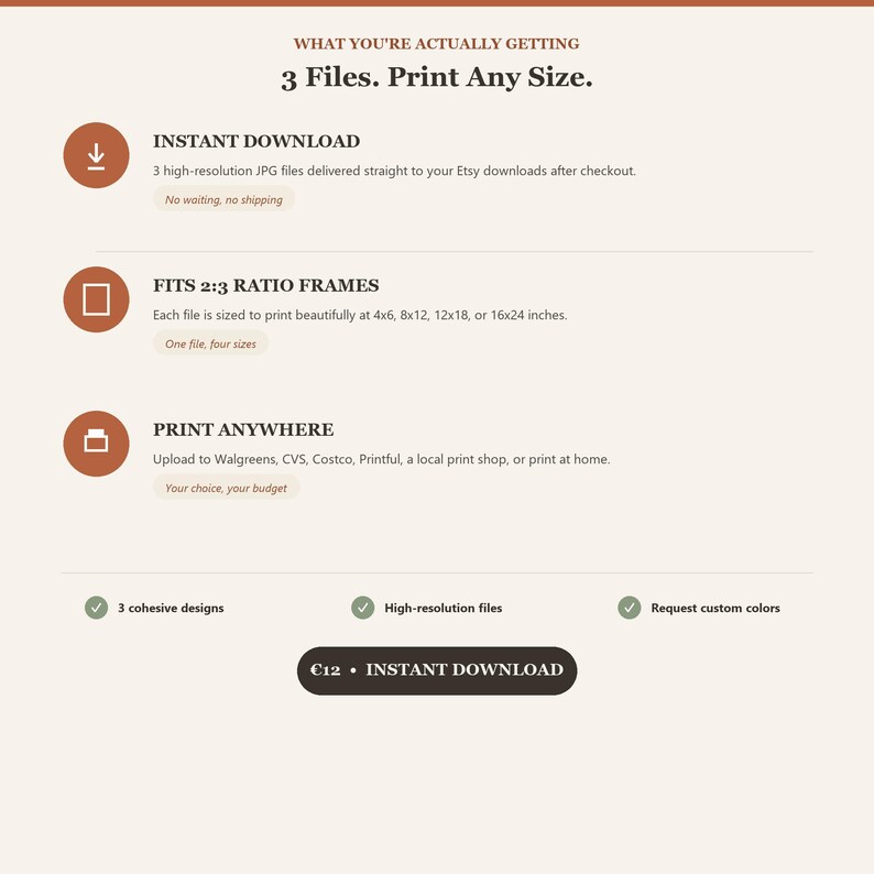 May include: An informational graphic with a cream background and dark brown text. It details a digital product offering 3 high-resolution JPG files for instant download, compatible with 2:3 ratio frames in sizes 4x6, 8x12, 12x18, and 16x24 inches.