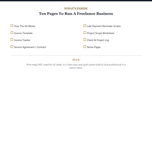 Pu&ograve; includere: Un documento digitale intitolato What's Inside: Ten Pages To Run A Freelance Business. Elenca elementi come How This Kit Works, Invoice Template, Invoice Tracker, Service Agreement, Late Payment Reminder Scripts, Project Scope Worksheet, Client & Project Log e Notes Pages. Menziona anche un PDF pronto per la stampa in formato US Letter.