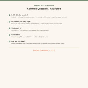K&ouml;nnte beinhalten: Ein digitales Informationsblatt mit dem Titel BEFORE YOU DOWNLOAD Common Questions, Answered. Es listet f&uuml;nf Fragen zu einem druckbaren System auf, einschlie&szlig;lich der undatierten Natur, Seitennutzung, US Letter Format, nicht editierbarem PDF und Erstellung.