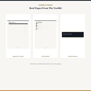 Op de afbeelding: Drie witte pagina's uit een toolkit met zwarte tekst en koppen. De eerste pagina is een sollicitatietracker, de tweede beschrijft de STAR-methode en de derde is een LinkedIn-banner met de tekst Open to new opportunities.