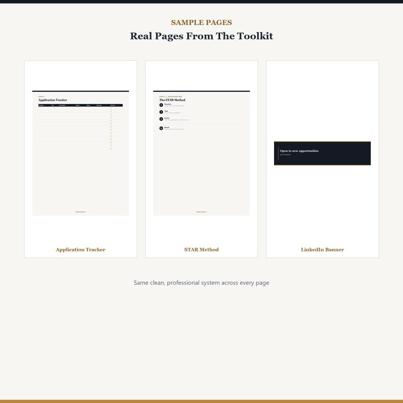 Op de afbeelding: Drie witte pagina's uit een toolkit met zwarte tekst en koppen. De eerste pagina is een sollicitatietracker, de tweede beschrijft de STAR-methode en de derde is een LinkedIn-banner met de tekst Open to new opportunities.