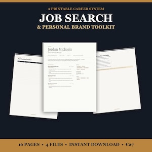 Op de afbeelding: Een printbaar carri&egrave;resysteem getiteld JOB SEARCH & PERSONAL BRAND TOOLKIT met drie witte documentpagina's. De middelste pagina toont een cv voor Jordan Michaels, terwijl de zijpagina's een sollicitatietracker en checklist bevatten.