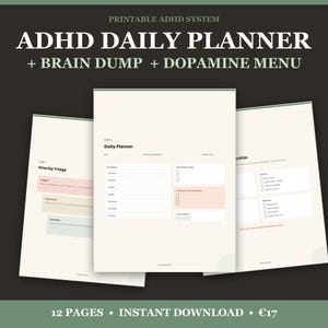 K&ouml;nnte beinhalten: Ein druckbares ADHD-Tagesplaner-System mit drei Seiten, die Abschnitte f&uuml;r Priorit&auml;ten-Triage, Tagesplanung, Brain Dump und Dopamin-Men&uuml; enthalten. Die Seiten sind cremefarben mit schwarzem Text und weichen, pastellfarbenen Akzenten.