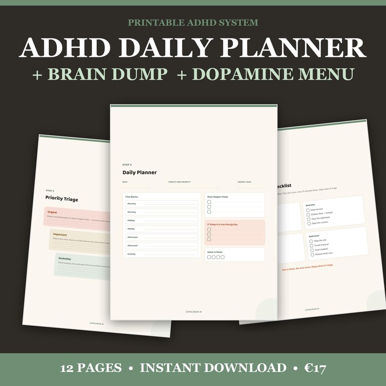 K&ouml;nnte beinhalten: Ein druckbares ADHD-Tagesplaner-System mit drei Seiten, die Abschnitte f&uuml;r Priorit&auml;ten-Triage, Tagesplanung, Brain Dump und Dopamin-Men&uuml; enthalten. Die Seiten sind cremefarben mit schwarzem Text und weichen, pastellfarbenen Akzenten.