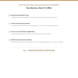 Op de afbeelding: Een digitaal document met de titel "One System, Start To Offer" met vier opsommingstekens: "Stop Guessing What's Next", "Look Consistent Everywhere", "Never Lose Track Of An Application" en "Walk Into The Interview Ready", elk met beschrijvende tekst.