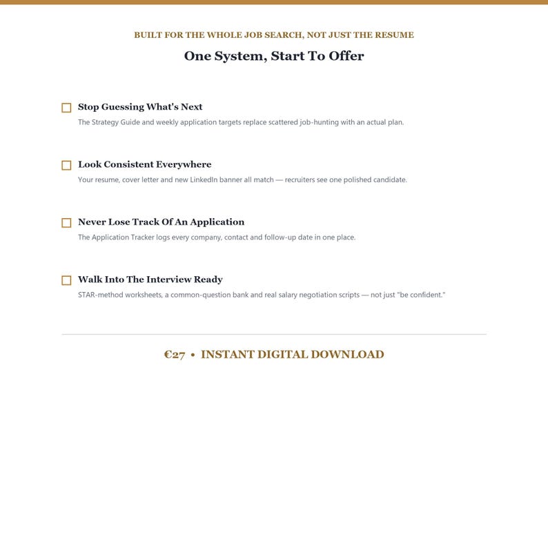 Op de afbeelding: Een digitaal document met de titel "One System, Start To Offer" met vier opsommingstekens: "Stop Guessing What's Next", "Look Consistent Everywhere", "Never Lose Track Of An Application" en "Walk Into The Interview Ready", elk met beschrijvende tekst.