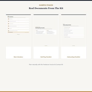 May include: Three digital document templates titled Rate Calculator, Red Flag Client Checklist, and Onboarding Checklist. Each page features a clean layout with black text on a light background, organized into sections for professional business use.