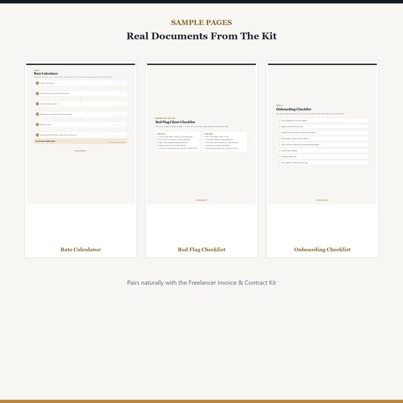 May include: Three digital document templates titled Rate Calculator, Red Flag Client Checklist, and Onboarding Checklist. Each page features a clean layout with black text on a light background, organized into sections for professional business use.