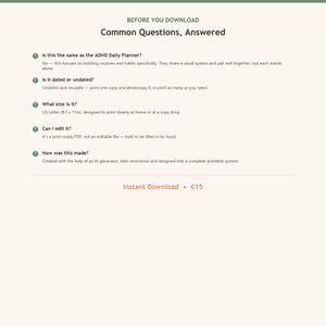 Puede incluir: Un documento digital titulado Before You Download Common Questions, Answered. Enumera cinco preguntas y respuestas sobre un sistema de planificaci&oacute;n en PDF imprimible, sin fecha y no editable, creado con un generador de IA.