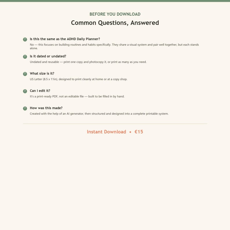 Puede incluir: Un documento digital titulado Before You Download Common Questions, Answered. Enumera cinco preguntas y respuestas sobre un sistema de planificaci&oacute;n en PDF imprimible, sin fecha y no editable, creado con un generador de IA.