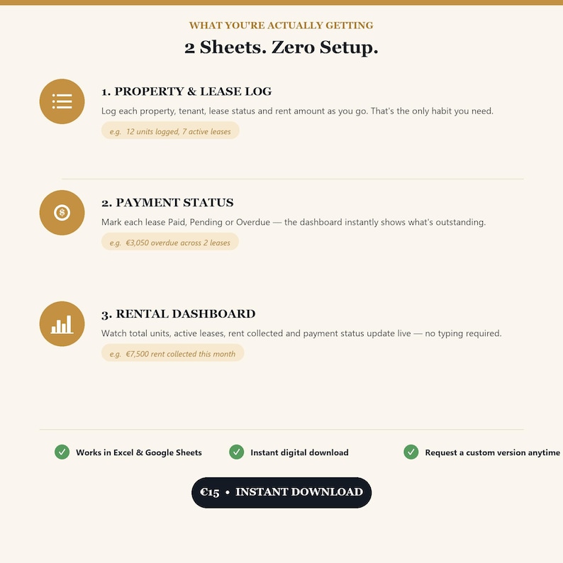 May include: A digital rental management tool featuring two sheets with zero setup. It includes a property and lease log, payment status tracker, and a rental dashboard. The interface displays text, icons, and checkmarks indicating compatibility with Excel and Google Sheets, plus an instant download button.