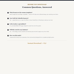 Op de afbeelding: Een digitaal informatieblad getiteld Before You Download Common Questions, Answered. Het bevat vijf vragen over formaten van cv-sjablonen, het bewerken van LinkedIn-banners, typen spreadsheets, geschiktheid voor sectoren en creatiemethoden.