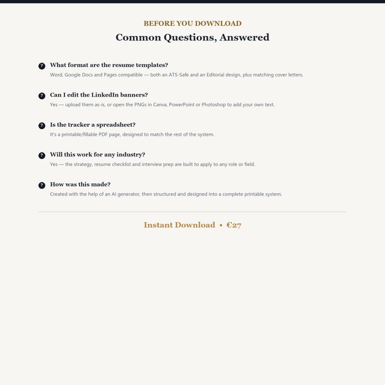 Op de afbeelding: Een digitaal informatieblad getiteld Before You Download Common Questions, Answered. Het bevat vijf vragen over formaten van cv-sjablonen, het bewerken van LinkedIn-banners, typen spreadsheets, geschiktheid voor sectoren en creatiemethoden.