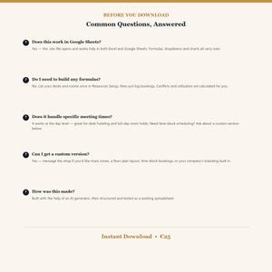 May include: A digital document titled Before You Download: Common Questions, Answered. It features five frequently asked questions regarding spreadsheet compatibility, formula automation, meeting time scheduling, custom versions, and creation methods.