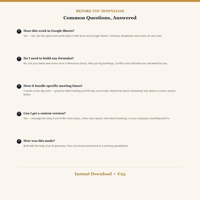 May include: A digital document titled Before You Download: Common Questions, Answered. It features five frequently asked questions regarding spreadsheet compatibility, formula automation, meeting time scheduling, custom versions, and creation methods.