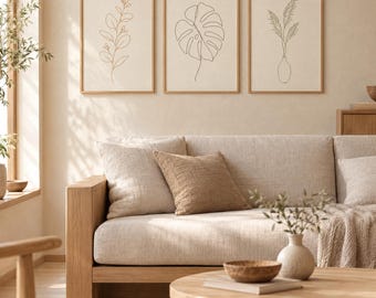 Japandi Botanical Line Art Set of 3 | Minimalist Boho Printable Wall Art | Eucalyptus Monstera Pampas Grass Digital Download