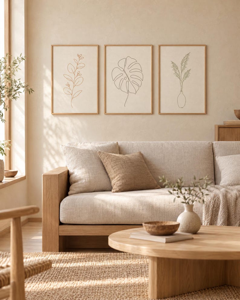 May include: Three framed wall art prints featuring black line drawings of botanical elements including a leafy branch, a monstera leaf, and pampas grass in a vase, displayed in light wood frames on a neutral wall above a beige sofa.