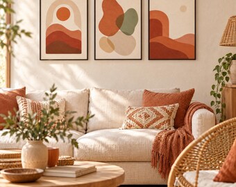 Boho Abstract Earth Tone Wall Art Set of 3 | Minimalist Terracotta Sage Printable Art | Digital Download