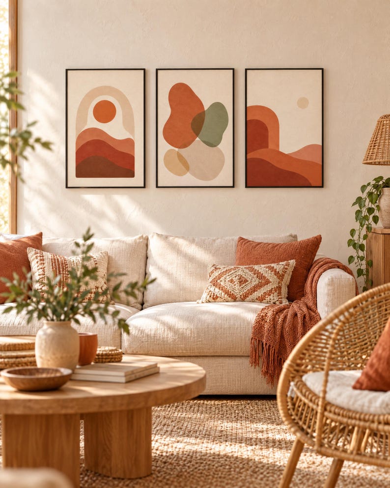 May include: A set of three framed wall art prints featuring abstract shapes and landscapes in shades of terracotta, sage green, and cream. The artwork is displayed in thin black frames, showcasing layered hills, a sun, and organic blobs.