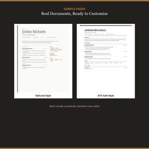 May include: Two resume templates labeled Editorial Style and ATS-Safe Style, featuring the name Jordan Michaels. The documents include sections for summary, experience, skills, and education, with black text on white backgrounds and headers.