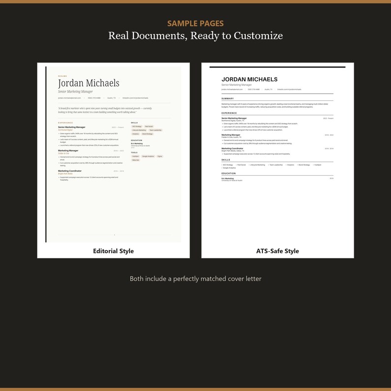 May include: Two resume templates labeled Editorial Style and ATS-Safe Style, featuring the name Jordan Michaels. The documents include sections for summary, experience, skills, and education, with black text on white backgrounds and headers.