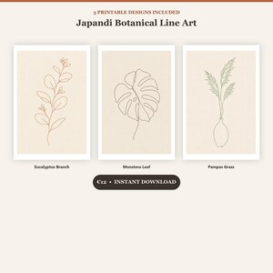 May include: Three printable wall art designs titled Japandi Botanical Line Art. The prints feature a brown eucalyptus branch, a black monstera leaf, and a green pampas grass in a vase on a light beige background with white borders.
