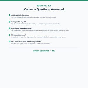 May include: A digital informational graphic titled BEFORE YOU BUY Common Questions, Answered. It lists five questions regarding a digital PDF product, including printing, reuse, creation method, and skill level, with green circular icons.