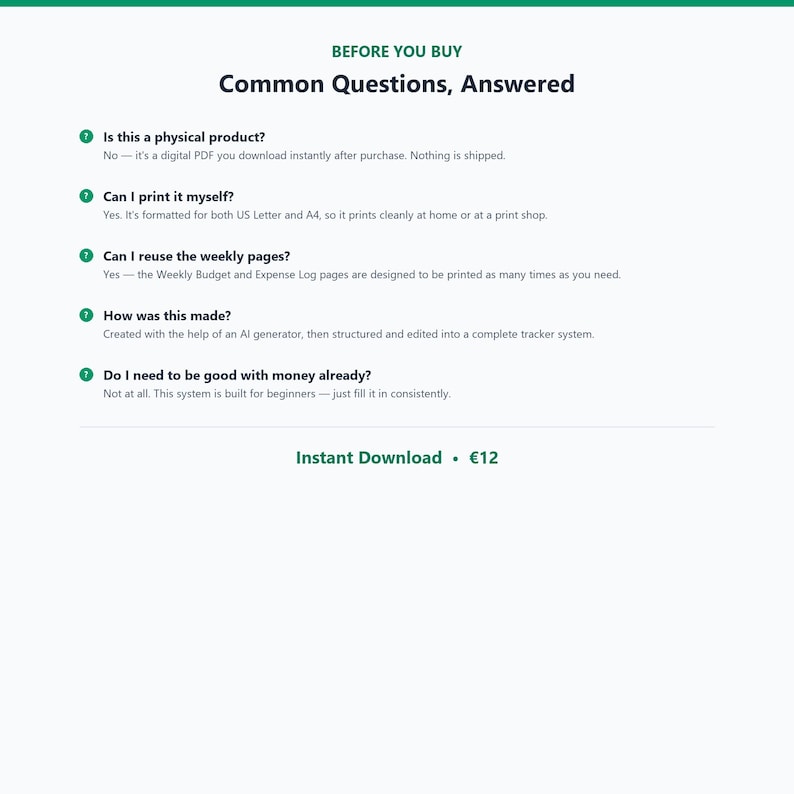 May include: A digital informational graphic titled BEFORE YOU BUY Common Questions, Answered. It lists five questions regarding a digital PDF product, including printing, reuse, creation method, and skill level, with green circular icons.