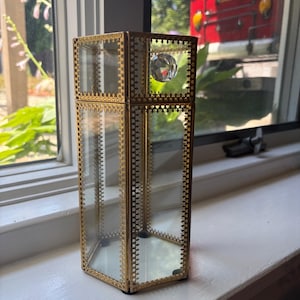 Brass Hexagonal Glass Keepsake Box with Crystal Knob – Mid Century Filigree Display Case, Boho Trinket Box, Vintage Style Curio