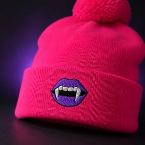 Neon Vampire Lips Beanie with Pom-Pom | Embroidered Fangs Hat, Colorful Goth Halloween Gift Idea