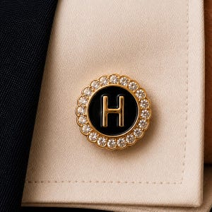 Op de afbeelding: Een ronde, goudkleurige manchetknop met een centrale zwarte emaillen schijf met een verhoogde gouden letter H. De buitenrand is geschulpt en bezet met een ring van heldere, sprankelende kristallen op een beige, gestructureerde stoffen manchet.