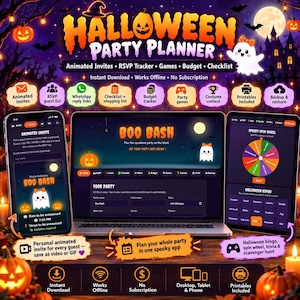 Peut inclure: Une application numérique de planification de fête d'Halloween affichée sur un ordinateur portable, un smartphone et une tablette. L'interface présente des thèmes orange et violet avec des graphismes de fantômes et de citrouilles, incluant des outils.