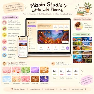 May include: A digital planner interface titled Mizain Studio Little Life Planner displayed on a laptop and smartphone screen. The layout features sections for tasks, goals, habits, and projects, with customizable themes, font styles, and cover banners.