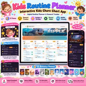 May include: A digital kids routine planner and chore chart app displayed on a laptop and smartphone. The interface features task lists, reward trackers, and badges. Twelve colorful themes are shown at the bottom, including Halloween, animals, and nature designs, with text labels for each.