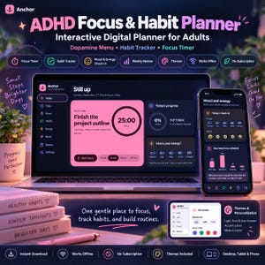 Puede incluir: Un planificador digital interactivo de enfoque y hábitos TDAH mostrado en una pantalla de portátil y smartphone. La interfaz presenta un tema oscuro con acentos rosas, incluyendo temporizador de enfoque, rastreador de hábitos y control de energía. El texto incluye 'ADHD Focus & Habit Planner', 'Dopamine Menu' y 'One gentle place to focus, track habits, and build routines.'