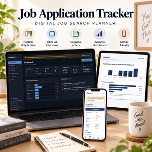 May include: A digital job application tracker displayed on a laptop, tablet, and smartphone. The screens show a dashboard with job search analytics, interview tracking, and offer comparisons. A notebook with a pen and a mug are on the desk.
