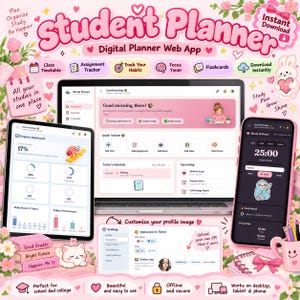 May include: A digital student planner web app displayed on a laptop, tablet, and smartphone. The interface features pink and white themes with icons for class timetables, assignment trackers, habit tracking, focus timers, and flashcards.