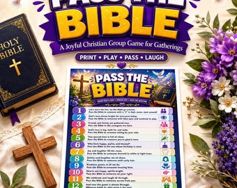 May include: A Pass the Bible group game sheet featuring twelve numbered instructions with icons, a black Holy Bible with a gold cross, a wooden cross, and purple flowers. The text reads Pass the Bible, A Joyful Christian Group Game for Gatherings.
