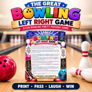 Op de afbeelding: Een spelkaart getiteld The Great Bowling Left Right Game met kleurrijke tekst, bowlingkegels en ballen. De kaart bevat een gedrukt verhaal met instructies voor een gezelschapsspel, omringd door decoratieve afbeeldingen van bowlingmateriaal.