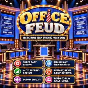 Op de afbeelding: Een digitale spelinterface getiteld Office Feud met een afbeelding van een rood-wit gestreepte das. Het display toont spelshow-podia, blauwe zijpanelen met tekst zoals Coworkers en Teamwork, en knoppen voor functies zoals automatische puntentelling.