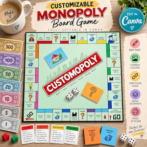 May include: A customizable Monopoly board game template featuring a central board with the text CUSTOMOPOLY, play money in various denominations, property cards, chance and community chest cards, two dice, and two small house game pieces.