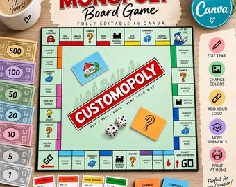 May include: A customizable Monopoly board game template featuring a central board with the text CUSTOMOPOLY, play money in various denominations, property cards, chance and community chest cards, two dice, and two small house game pieces.