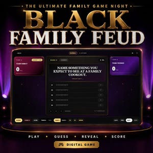 May include: A digital game interface titled Black Family Feud, featuring a dark purple and gold theme. The screen displays a game board with the question, Name something you expect to see at a family cookout, alongside team score boxes.