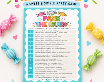 May include: A Pass the Candy party game card with a numbered list of twelve instructions, surrounded by colorful candy illustrations in pink, yellow, and green. The text reads Pass the Candy, A Sweet & Simple Party Game, and Read, Pass, Laugh, Win.