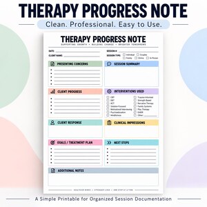Therapy Progress Note Template Printable, Therapy Session Notes Form, Therapist Documentation Template, Counselor Notes, Session Record