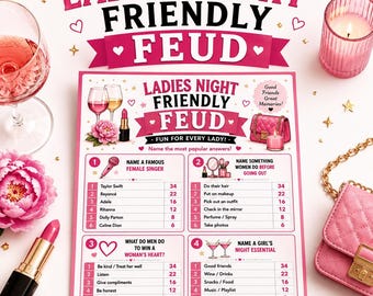 May include: A Ladies Night Friendly Feud game card featuring four categories with numbered lists and point values. The design includes pink and white colors, illustrations of wine glasses, a lipstick, a handbag, and a candle, with text throughout.