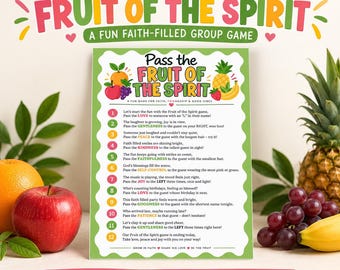 May include: A rectangular game card titled Pass the Fruit of the Spirit with a scalloped green border. The card features twelve numbered instructions for a group game, decorated with colorful illustrations of an orange, apple, pineapple, and banana.