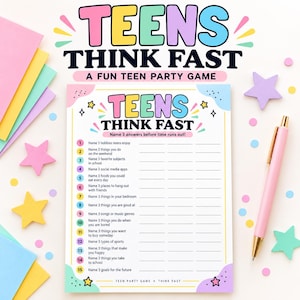 Könnte beinhalten: Ein druckbares Partyspiel-Blatt mit dem Titel Teens Think Fast, das eine Liste mit fünfzehn nummerierten Aufforderungen enthält, jeweils drei Antworten zu nennen. Das Design zeigt Pastellfarben, Sterne und Konfetti sowie einen rosa Kugelschreiber.