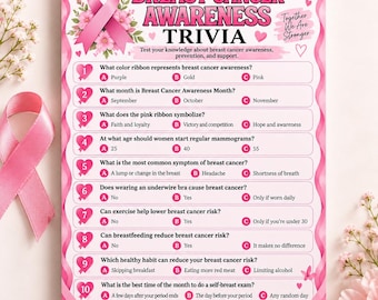 May include: A Breast Cancer Awareness trivia game card featuring a pink ribbon, floral accents, and ten multiple-choice questions. The text reads Breast Cancer Awareness Trivia, Together We Are Stronger, and includes numbered heart icons.